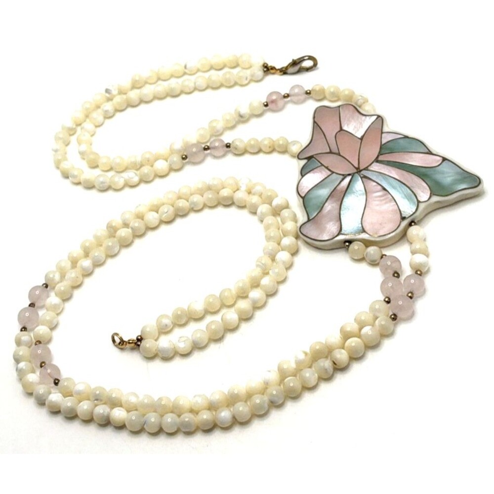 Vintage SANDEE WESOLEK Mother of Pearl Inlay Necklace Rose Quartz Shell Beads
